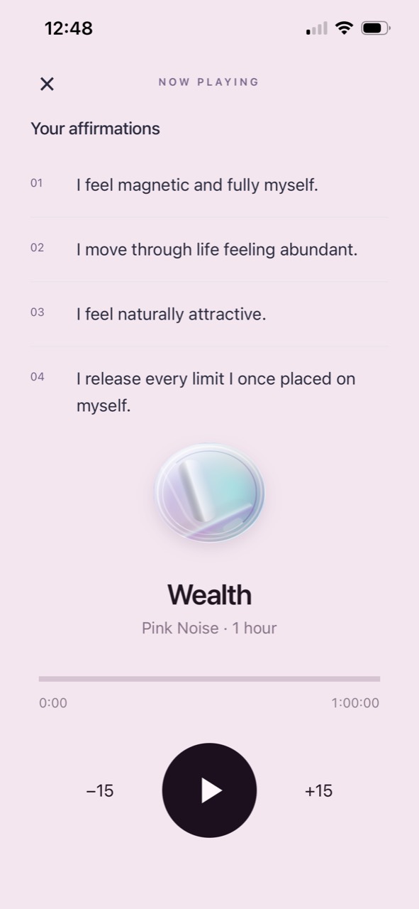 Sublime player showing Wealth affirmations and Pink Noise
