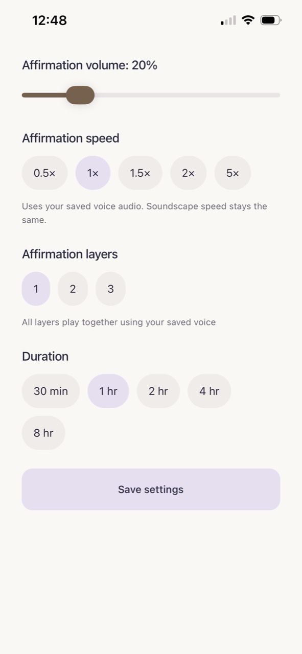 Adjust affirmation speed, layers, and listening duration